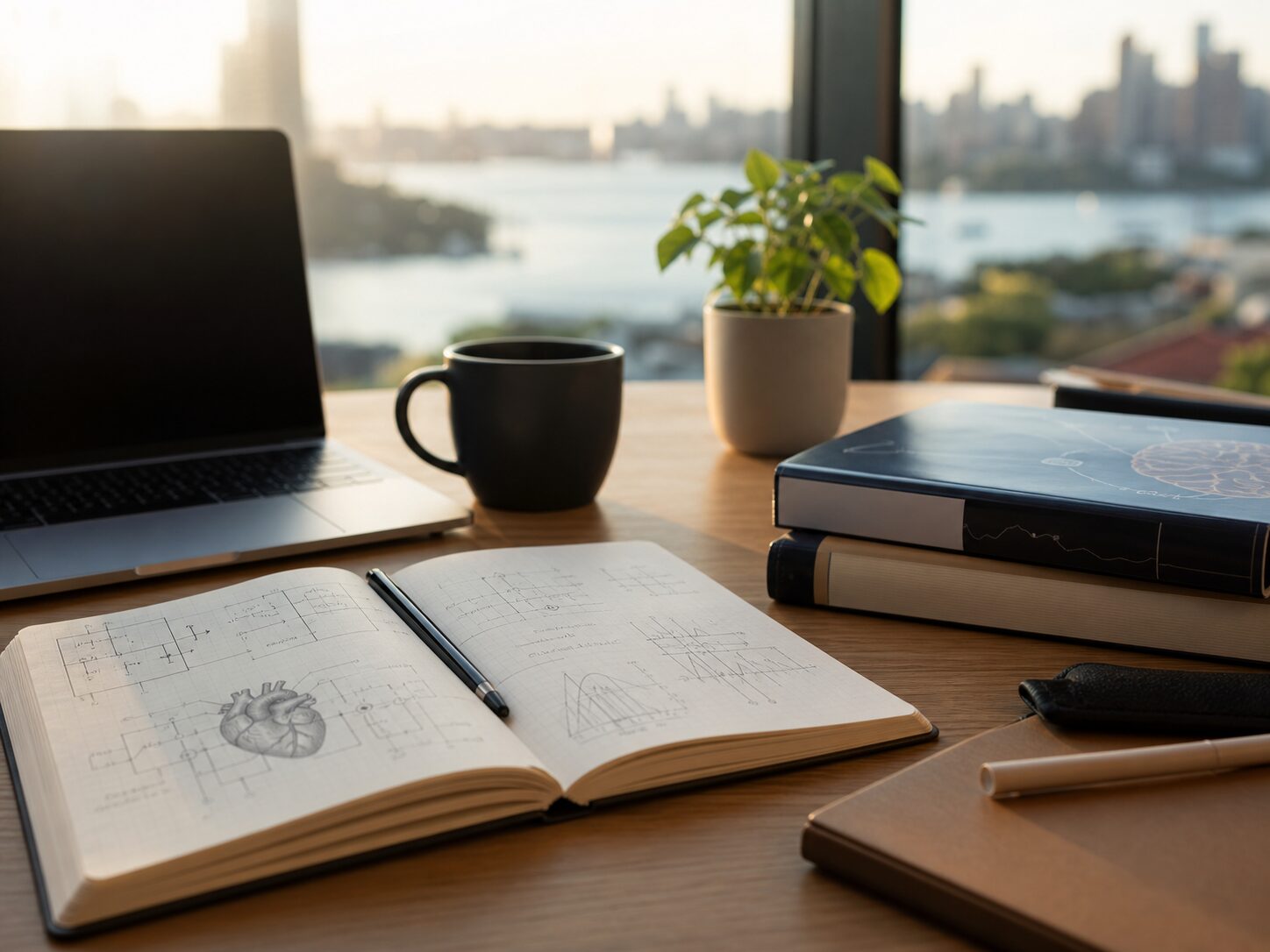 Study and life desk scene with notebook, laptop, books, and coffee