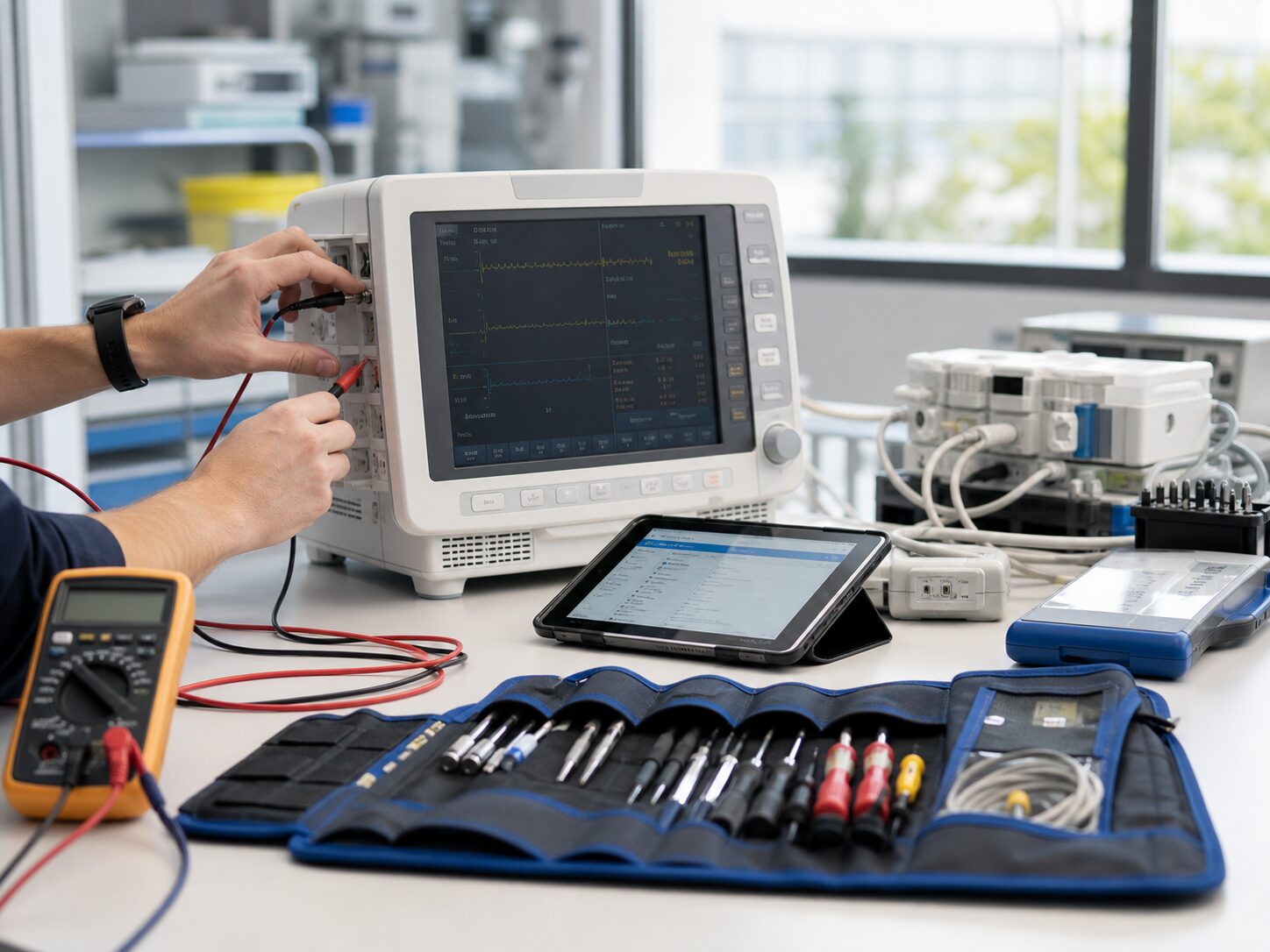 Medical equipment test bench with tools and service details